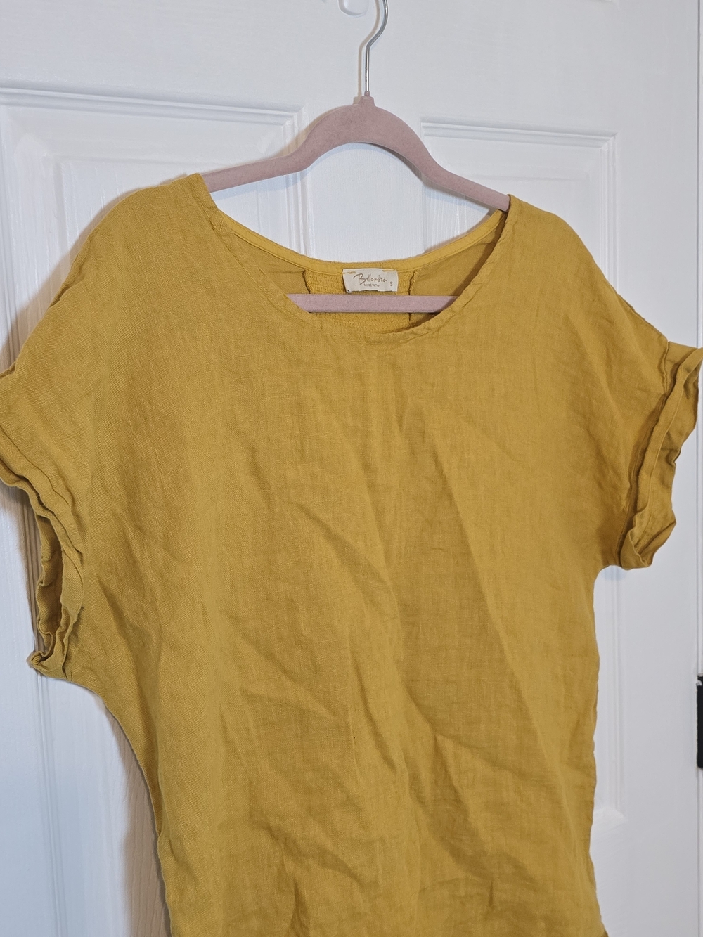 BellaUmbra Mustard Yellow 100% Linen Top Made in Italy Short Sleeve Blouse Small